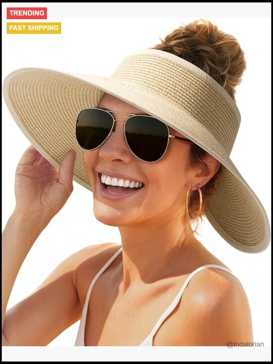 Wide Brim Beach Hat Straw Visor Ponytail Summer UV Packable Foldable Sun main image 5